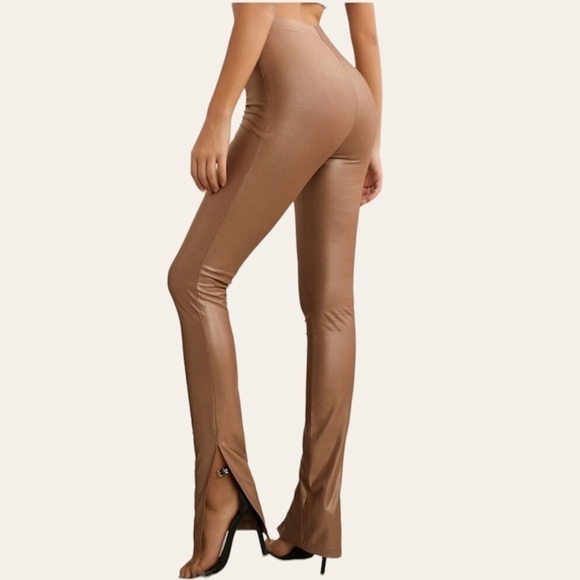 SBetro High Waist Slit Hem Faux Leather Light Brown - Picture 3 of 8